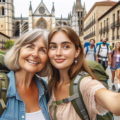 DALL·E 2023 10 29 20.05.14 Photo of a 61 year old woman and her adult daughter taking a selfie with the Cathedral of Leon visible in the background. A heterogeneous group of pil